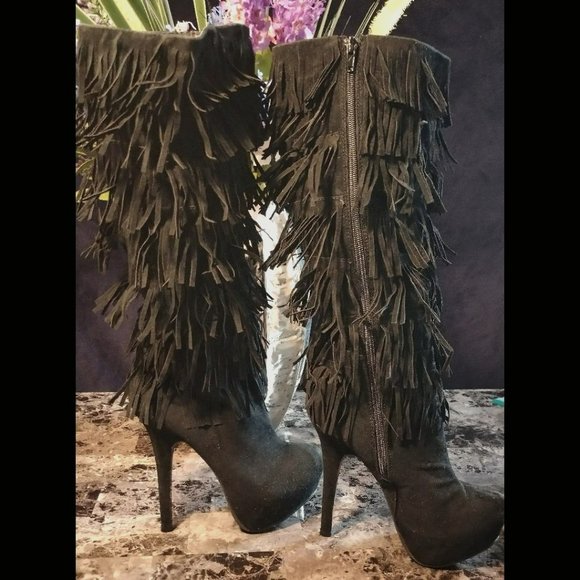 Oscar 16 - Fringe Platform Black High Heel Boots - Picture 1 of 6